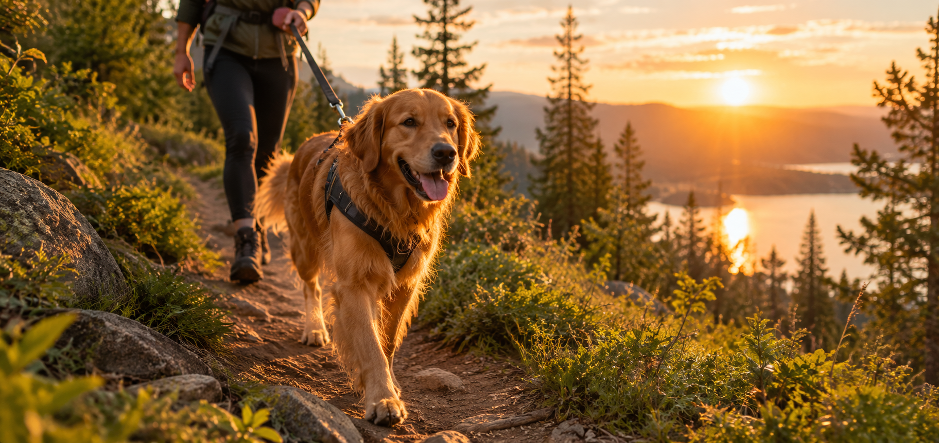 Golden retriever hiking on a forest trail