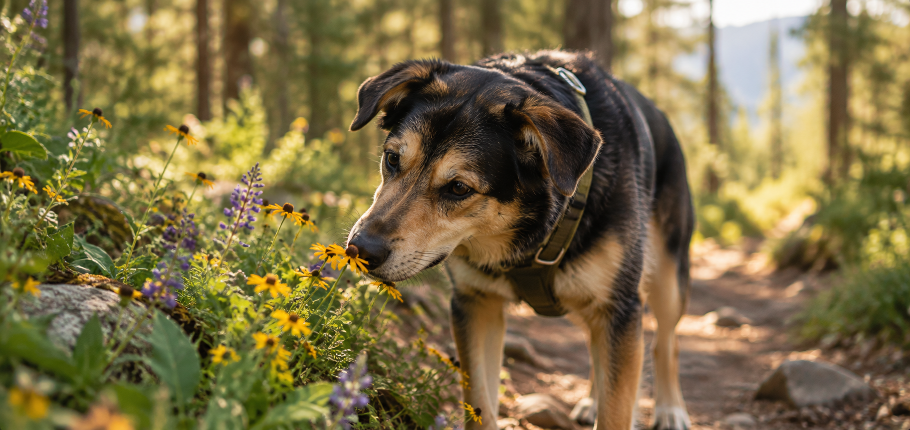 Dog sniffing flowers
